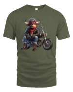 Cool Biker Bull Riding Motorcycle Rebel Cartoon Graphic T Shirt - military green t-shirt on white background