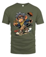 Funny Cool Monkey Drinking Coffee Cartoon Graphic T Shirt - military green t-shirt on white background