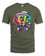 Cute Summer Sponge Cartoon Watermelon Beach Graphic T Shirt - military green t-shirt on white background