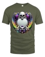 Mystic Skull With Owl and Rainbow Wings Gothic Art T Shirt - military green t-shirt on white background