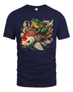 Funny Samurai Frog on Koi Fish Japanese Tattoo Style Tee - navy t-shirt on white background
