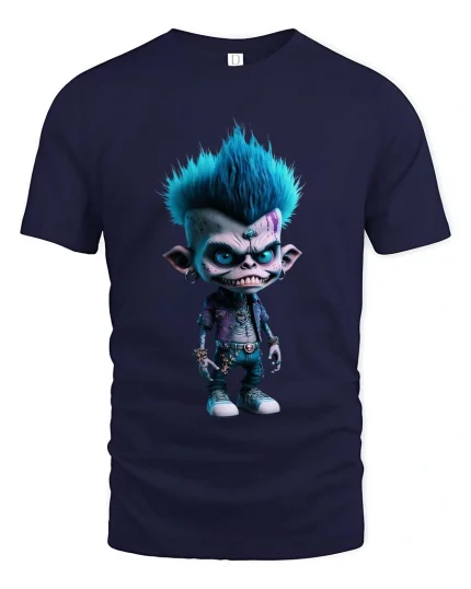 Cool Punk Monster Cartoon Rebel Character Graphic T Shirt - navy t-shirt on white background