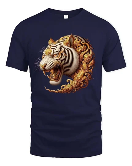 Majestic Golden Tiger Head Ornamental Art Graphic T Shirt - navy t-shirt on white background