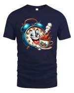 Funny Coffee Alarm Clock Cartoon Morning Lover Graphic T Shirt - navy t-shirt on white background