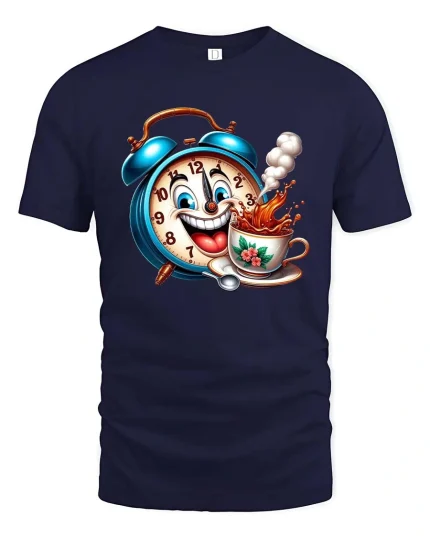 Funny Coffee Alarm Clock Cartoon Morning Lover Graphic T Shirt - navy t-shirt on white background
