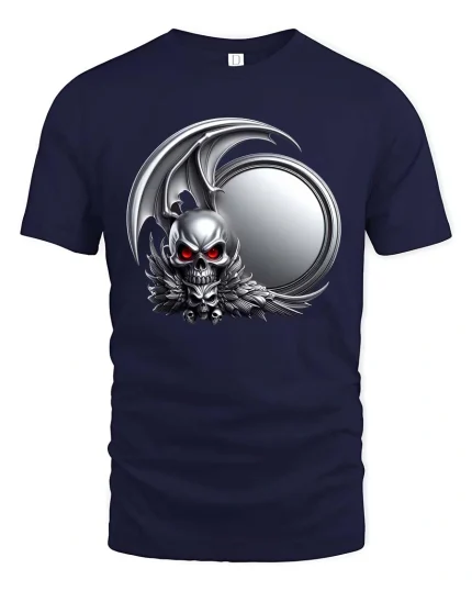 Dark Gothic Skull Winged Demon Emblem Graphic T Shirt - navy t-shirt on white background