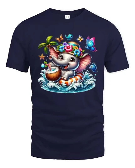 Cute Summer Elephant Coconut Drink Cartoon Graphic T Shirt - navy t-shirt on white background