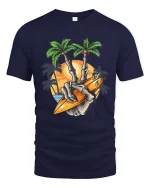 Surfing Skeleton Peace Sign Sunset Beach Graphic T Shirt - navy t-shirt on white background