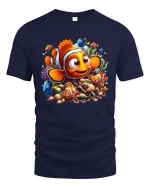 Cute Clownfish Ocean Friends Cartoon Underwater Adventure T Shirt - navy t-shirt on white background