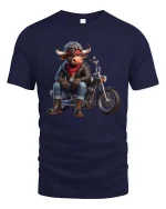 Cool Biker Bull Riding Motorcycle Rebel Cartoon Graphic T Shirt - navy t-shirt on white background