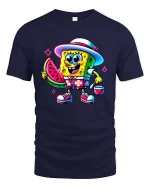 Cute Summer Sponge Cartoon Watermelon Beach Graphic T Shirt - navy t-shirt on white background