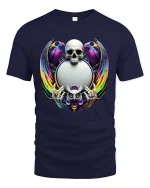 Mystic Skull With Owl and Rainbow Wings Gothic Art T Shirt - navy t-shirt on white background