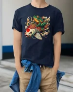 Funny Samurai Frog on Koi Fish Japanese Tattoo Style Tee - model wearing navy tee with hands in pockets