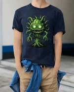 Creepy Green Monster Tree Cartoon Horror Graphic T Shirt - model wearing navy tee with hands in pockets