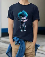 Cool Punk Monster Cartoon Rebel Character Graphic T Shirt - model wearing navy tee with hands in pockets