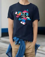 Glitch Cat Skull Cartoon Street Art Weird Graphic T Shirt - model wearing navy tee with hands in pockets