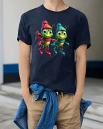 Cute Winter Grasshopper Cartoon Ice Skating Graphic T Shirt - model wearing navy tee with hands in pockets