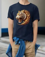 Majestic Golden Tiger Head Ornamental Art Graphic T Shirt - model wearing navy tee with hands in pockets