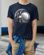 Dark Gothic Skull Winged Demon Emblem Graphic T Shirt - model wearing navy tee with hands in pockets