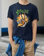 Surfing Skeleton Peace Sign Sunset Beach Graphic T Shirt - model wearing navy tee with hands in pockets