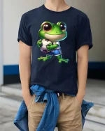 Cute Soccer Frog Cartoon Athlete Funny Sports Graphic T Shirt - model wearing navy tee with hands in pockets