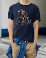 Cool Biker Bull Riding Motorcycle Rebel Cartoon Graphic T Shirt - model wearing navy tee with hands in pockets