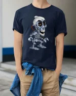 Funny Robot Skull Cartoon Sci Fi Cyborg Graphic T Shirt - model wearing navy tee with hands in pockets