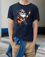 Cool Rock Guitar Gnome Cartoon Music Lover Graphic Tee - model wearing navy tee with hands in pockets