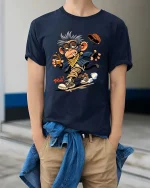 Funny Cool Monkey Drinking Coffee Cartoon Graphic T Shirt - model wearing navy tee with hands in pockets