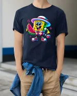Cute Summer Sponge Cartoon Watermelon Beach Graphic T Shirt - model wearing navy tee with hands in pockets