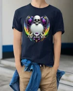 Mystic Skull With Owl and Rainbow Wings Gothic Art T Shirt - model wearing navy tee with hands in pockets