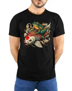 Funny Samurai Frog on Koi Fish Japanese Tattoo Style Tee - model wearing black tee with hands behind back
