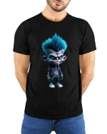 Cool Punk Monster Cartoon Rebel Character Graphic T Shirt - model wearing black tee with hands behind back