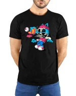 Glitch Cat Skull Cartoon Street Art Weird Graphic T Shirt - model wearing black tee with hands behind back