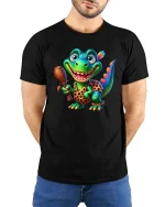 Funny Caveman Dino Cartoon Prehistoric Creature Graphic T Shirt - model wearing black tee with hands behind back