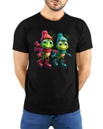 Cute Winter Grasshopper Cartoon Ice Skating Graphic T Shirt - model wearing black tee with hands behind back