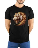 Majestic Golden Tiger Head Ornamental Art Graphic T Shirt - model wearing black tee with hands behind back