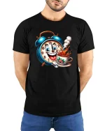 Funny Coffee Alarm Clock Cartoon Morning Lover Graphic T Shirt - model wearing black tee with hands behind back