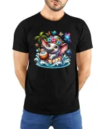 Cute Summer Elephant Coconut Drink Cartoon Graphic T Shirt - model wearing black tee with hands behind back