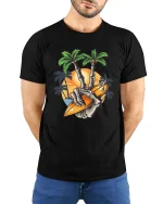 Surfing Skeleton Peace Sign Sunset Beach Graphic T Shirt - model wearing black tee with hands behind back
