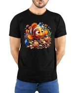 Cute Clownfish Ocean Friends Cartoon Underwater Adventure T Shirt - model wearing black tee with hands behind back