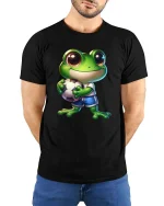 Cute Soccer Frog Cartoon Athlete Funny Sports Graphic T Shirt - model wearing black tee with hands behind back