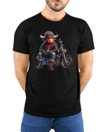Cool Biker Bull Riding Motorcycle Rebel Cartoon Graphic T Shirt - model wearing black tee with hands behind back