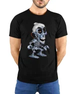 Funny Robot Skull Cartoon Sci Fi Cyborg Graphic T Shirt - model wearing black tee with hands behind back