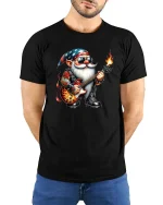 Cool Rock Guitar Gnome Cartoon Music Lover Graphic Tee - model wearing black tee with hands behind back