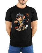 Funny Cool Monkey Drinking Coffee Cartoon Graphic T Shirt - model wearing black tee with hands behind back