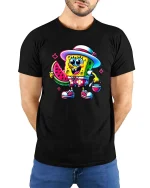 Cute Summer Sponge Cartoon Watermelon Beach Graphic T Shirt - model wearing black tee with hands behind back