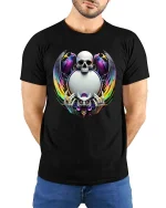 Mystic Skull With Owl and Rainbow Wings Gothic Art T Shirt - model wearing black tee with hands behind back