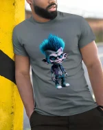 Cool Punk Monster Cartoon Rebel Character Graphic T Shirt - model wearing grey tee, leaning on column