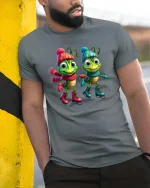 Cute Winter Grasshopper Cartoon Ice Skating Graphic T Shirt - model wearing grey tee, leaning on column